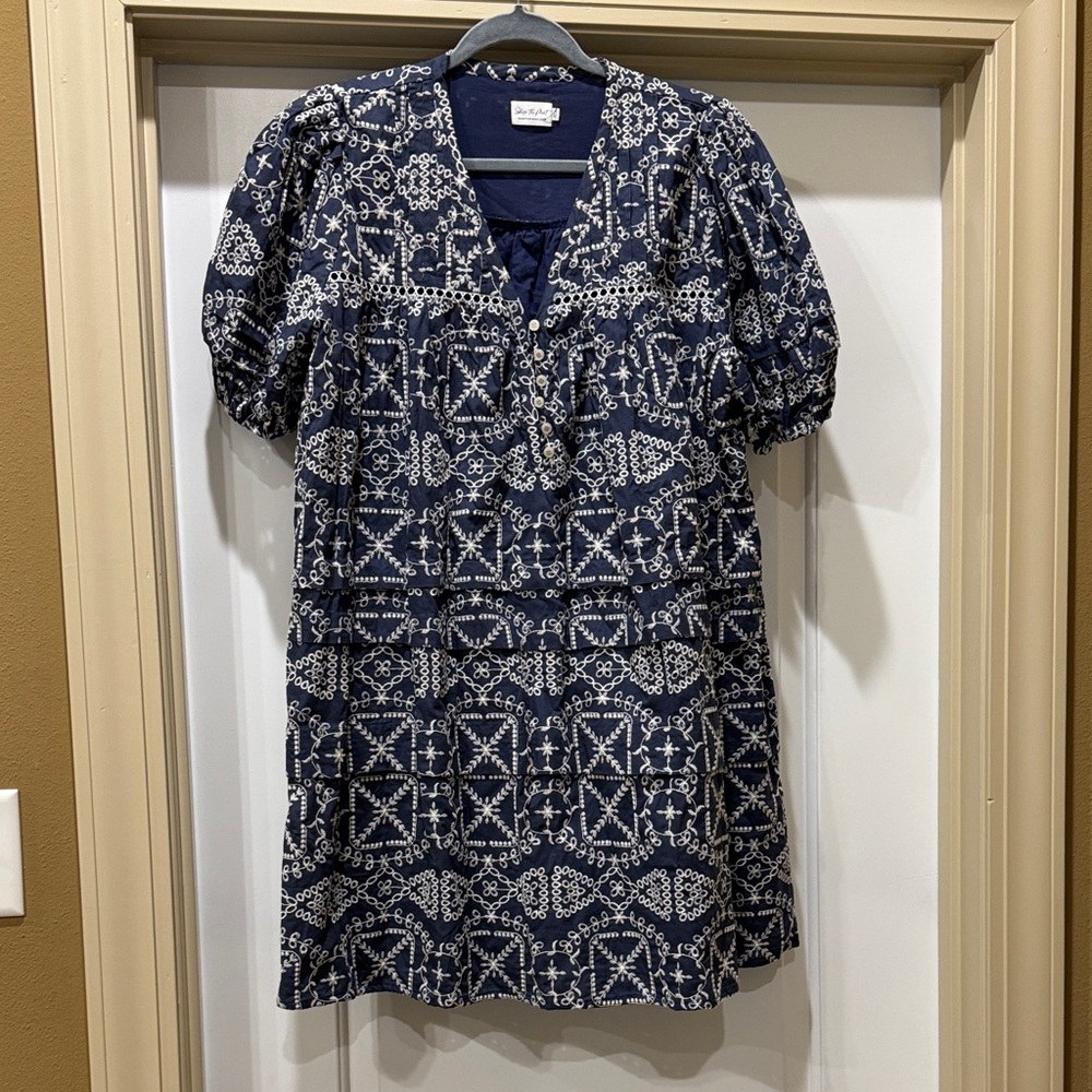 Brand new. Navy Embroidered Puff-Sleeve Mini Dress